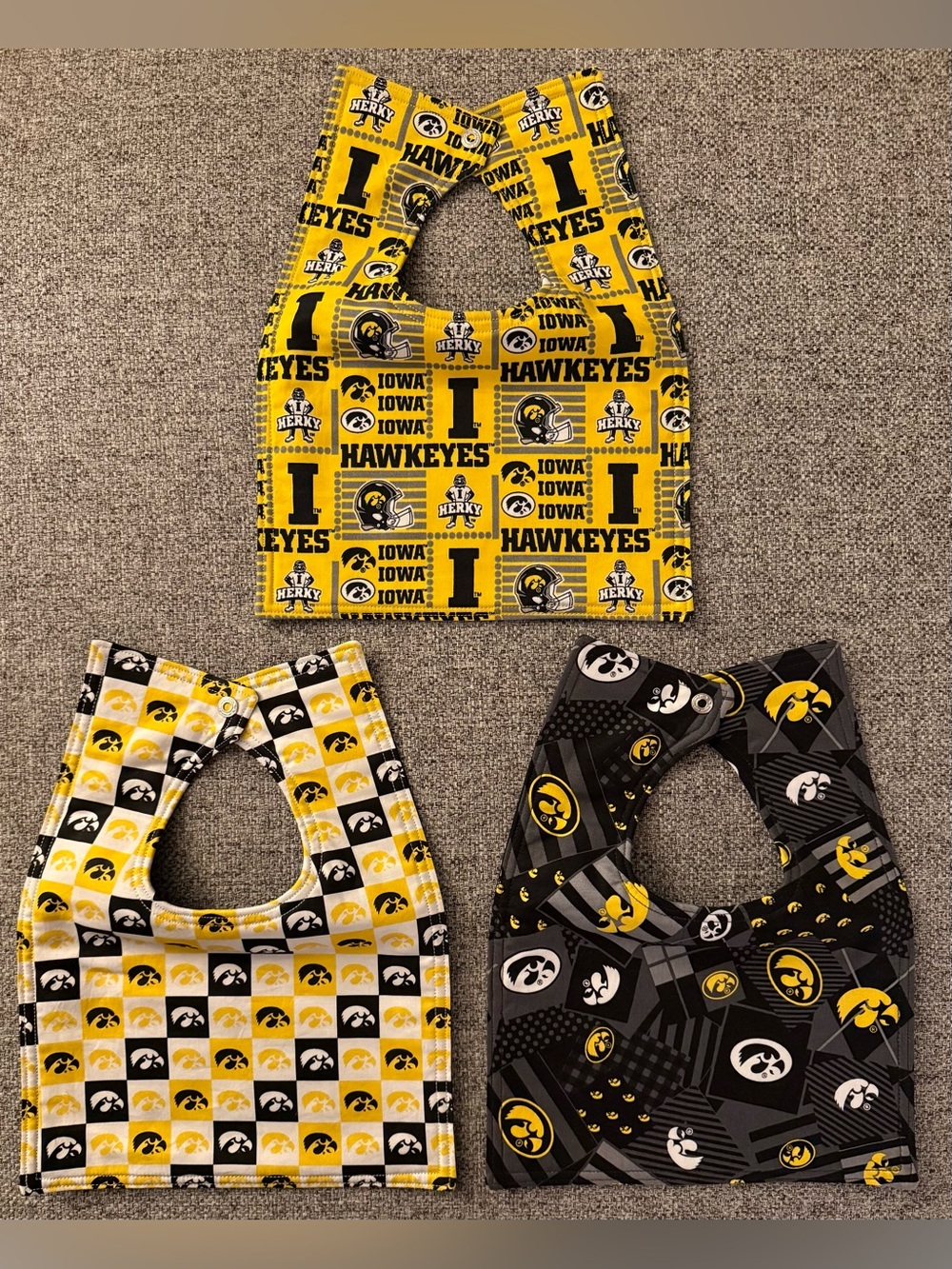 Set of 3 NEW hand-sewn bibs - Iowa Hawkeyes